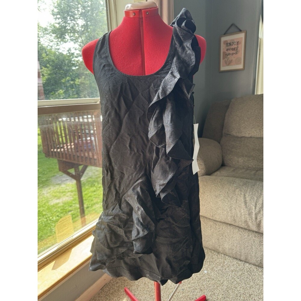 NWT Cache Black Silk Blend Ruffle Cocktail Dress Size 6 One Shoulder Satin Y2K